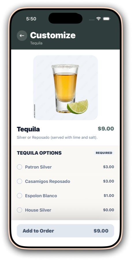 Customizing a tequila with required options and prices