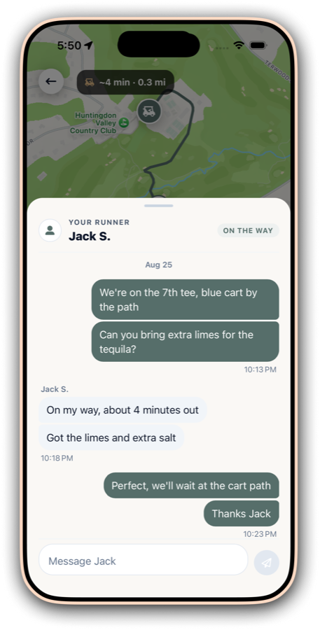 An in-app message thread with the runner
