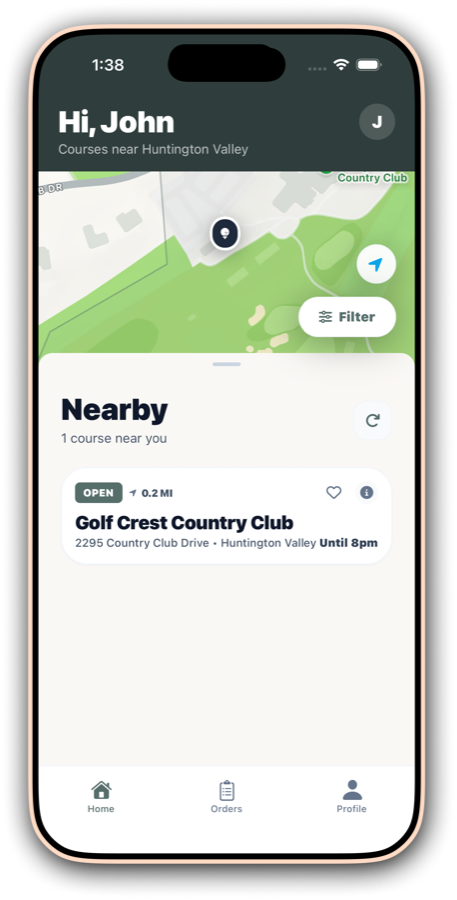 The Nearby screen with a course on the map and its hours