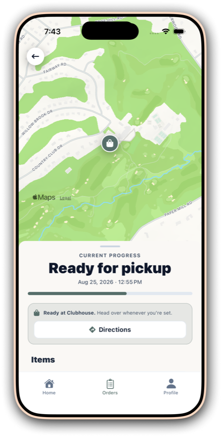 An order ready for pickup, with the pickup point on the map and a Directions button
